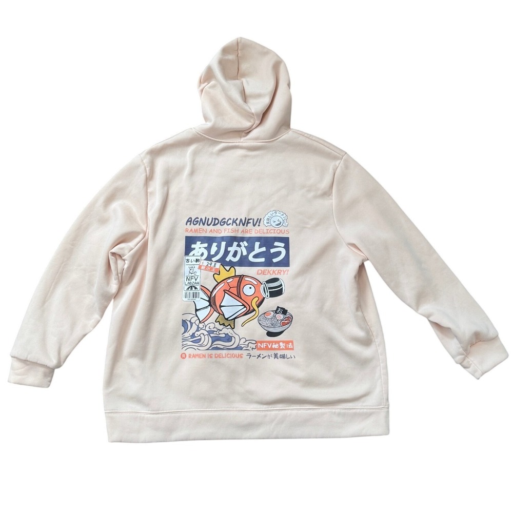 Pokemon Japanese Harajuku Magikarp Ramen Anime Cream Hooded Sweatshirt Sz 3XL